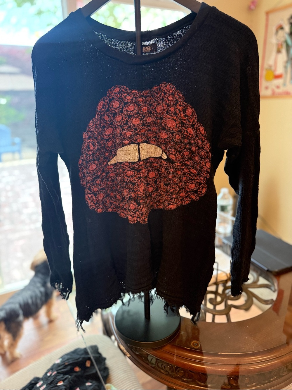 Lauren Moshi Black Distressed Women's Sweater with Red Floral Lips Graphic